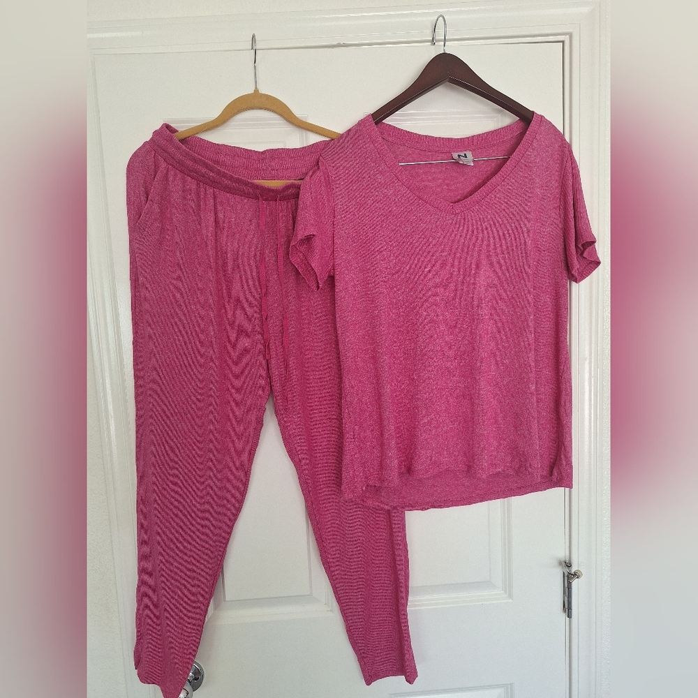 Natori Pajama Set PInk Short Sleeve Top‎ Long Pants Tie Waist Pockets Size L/G